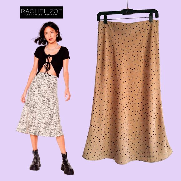 RACHEL ZOE NEW Polka Dot A-Line Beige Midi Skirt 6 - Picture 1 of 9
